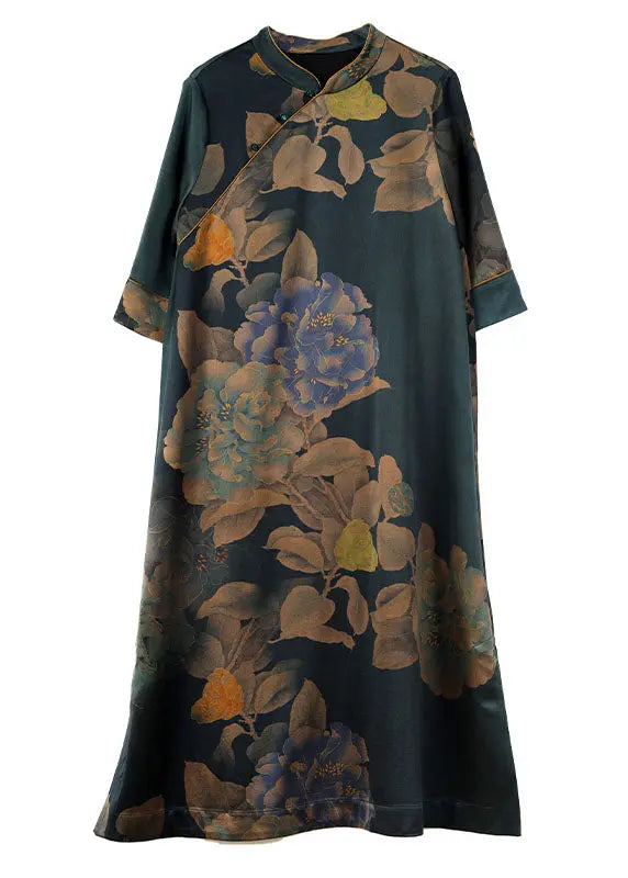 Vintage Stand Collar Print Button Silk Long Dress Fall Ada Fashion