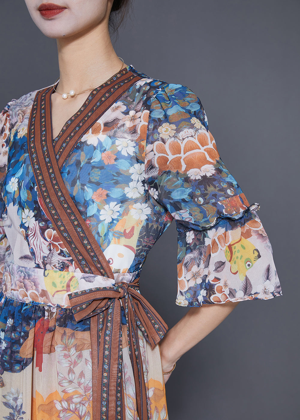 Vintage V Neck Print Tie Waist Chiffon Dress Summer LY7687