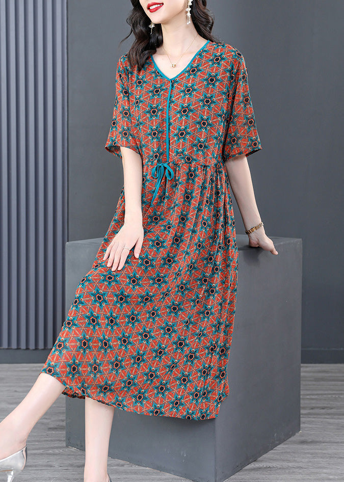 Vintage V Neck Print Wrinkled Tie Waist Long Dresses Summer LY1737 - fabuloryshop