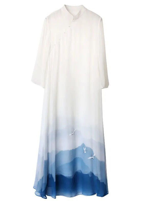 Vintage White Stand Collar Patchwork Print Silk Dress Summer LY1719 - fabuloryshop