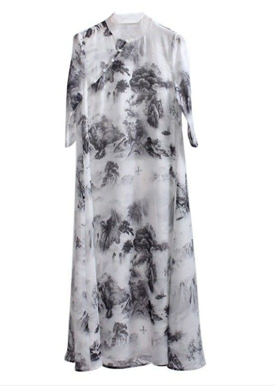 Vintage White Stand Collar Ruffled Print Patchwork Linen Dress Summer LY2504 - fabuloryshop