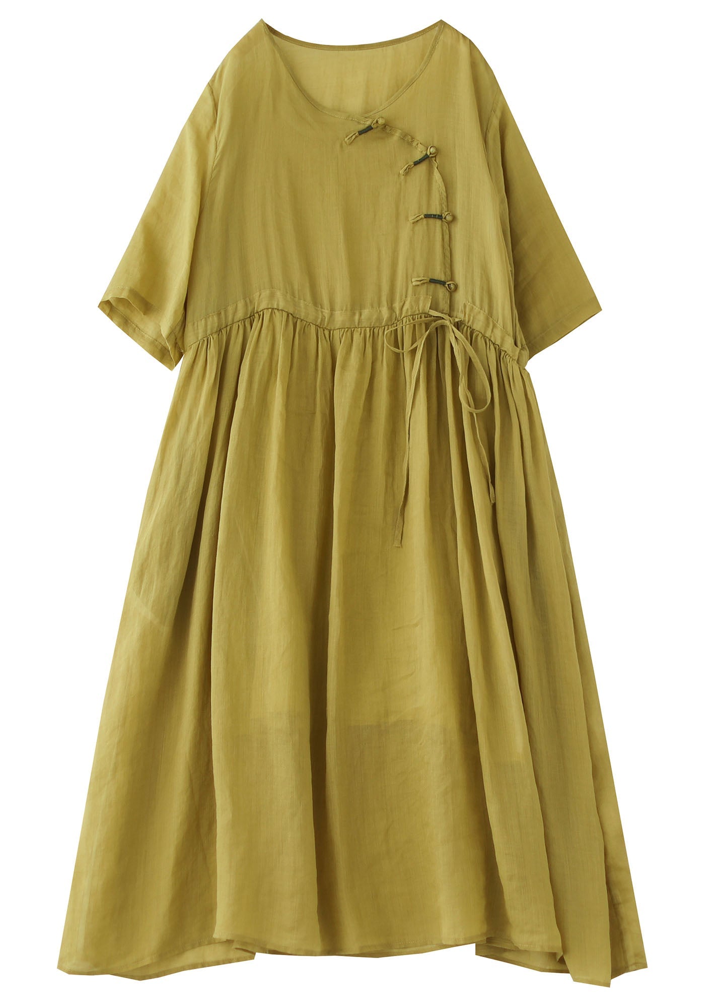 Vintage Yellow O Neck Chinese Button Patchwork Cotton Dresses Summer - fabuloryshop