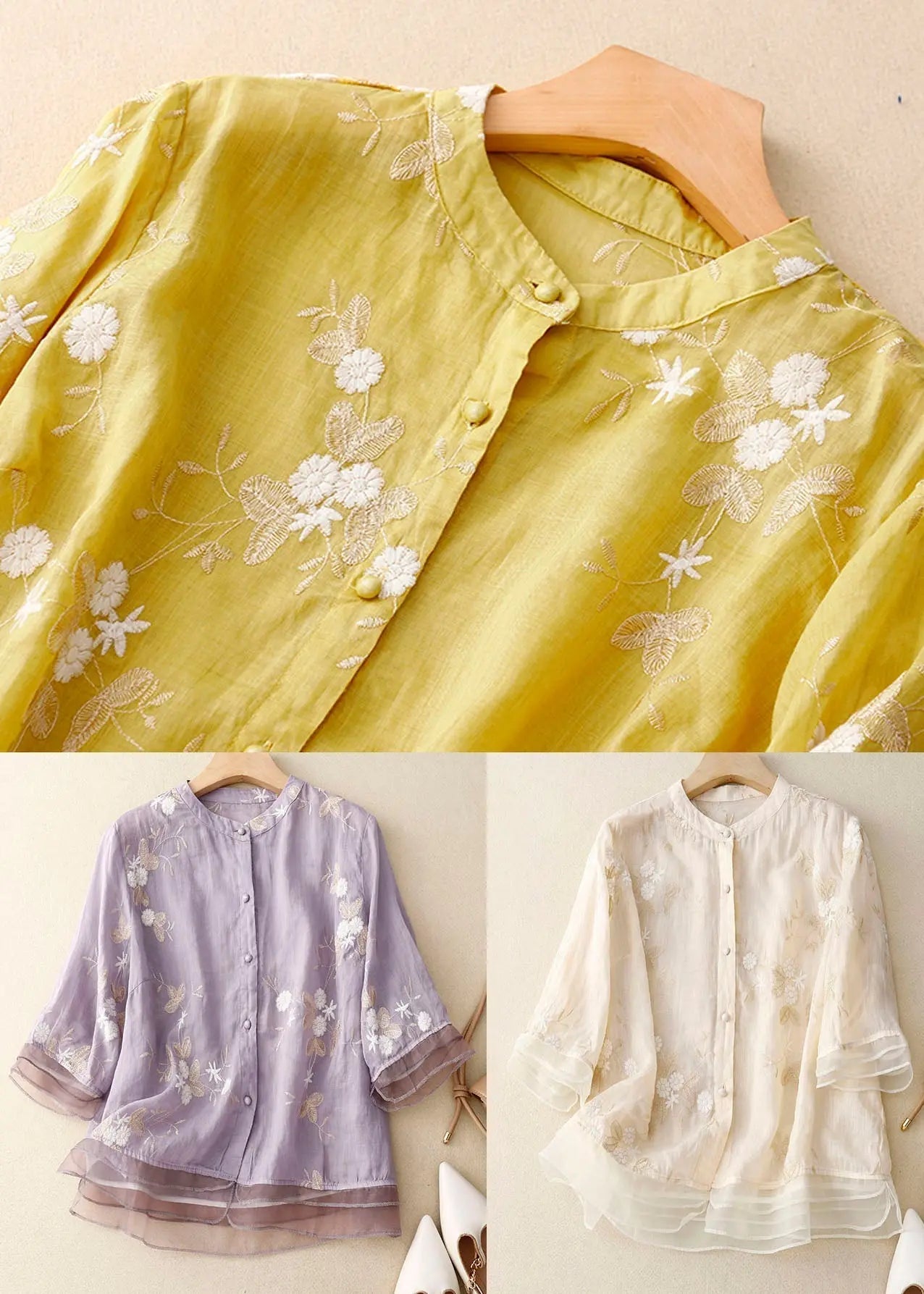 Vintage Yellow Stand Collar Embroideried Patchwork Cotton Shirts Bracelet Sleeve Ada Fashion