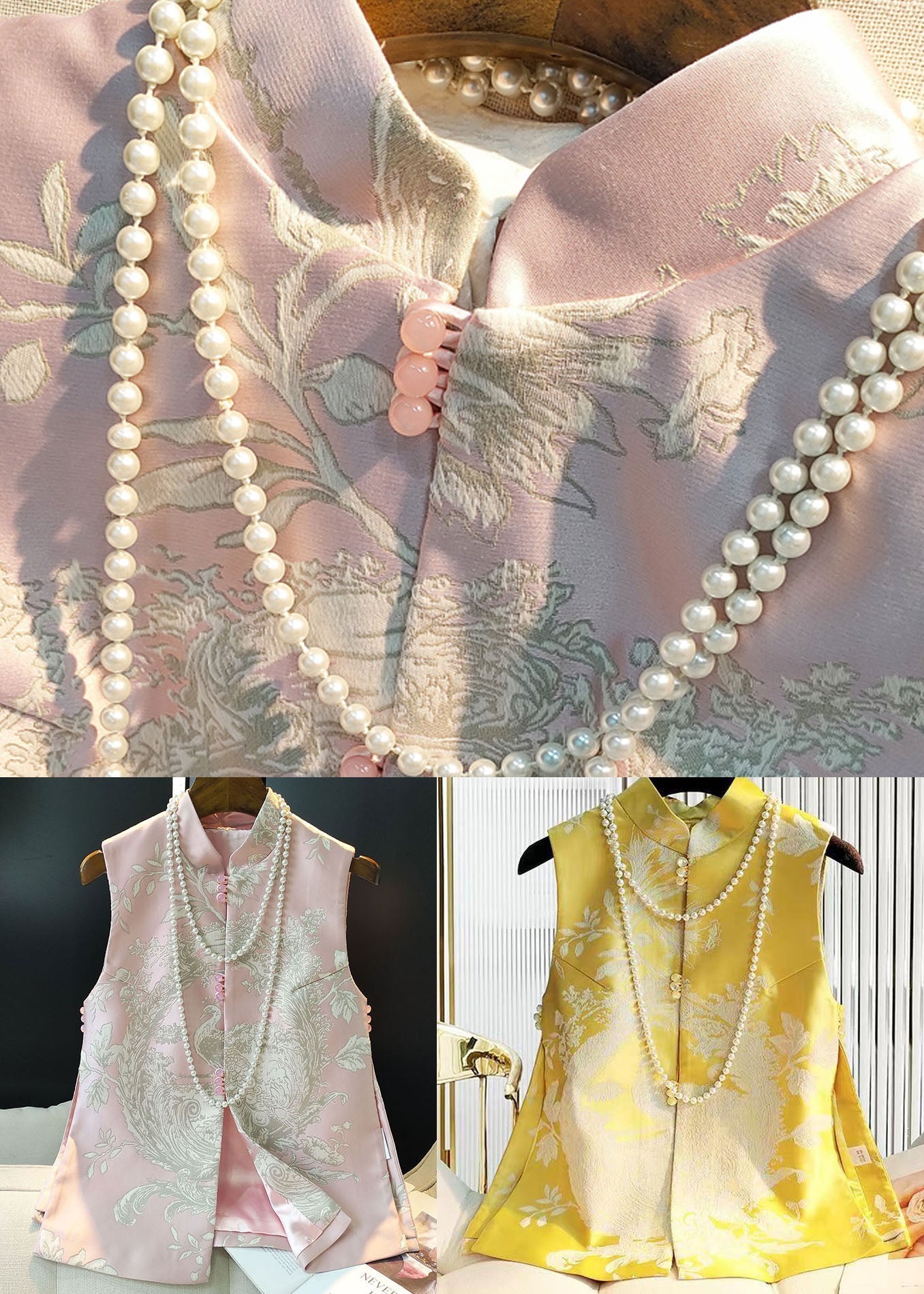 Vintage Yellow Stand Collar Jacquard Silk Top Sleeveless LC0485 - fabuloryshop