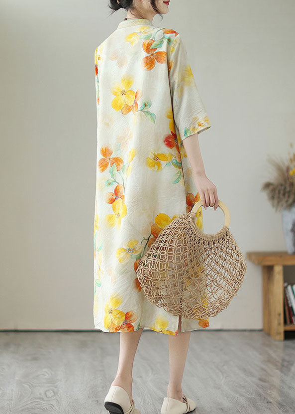 Vintage Yellow Stand Collar Print Button Patchwork Linen Dress Summer LY5298 - fabuloryshop