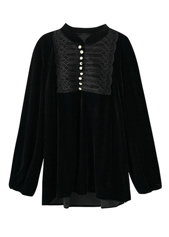 Vogue Black O-Neck Nail Bead Patchwork Silk Velour Top Fall Ada Fashion