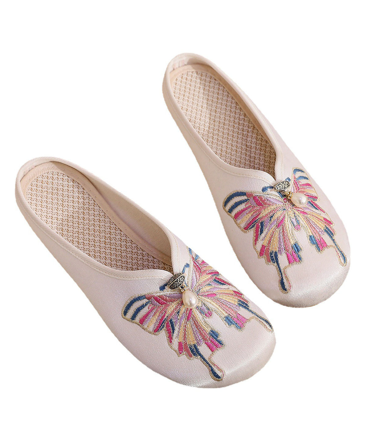 White Flat Slide Sandals Women Cotton Fabric Soft Splicing Embroideried LY7682