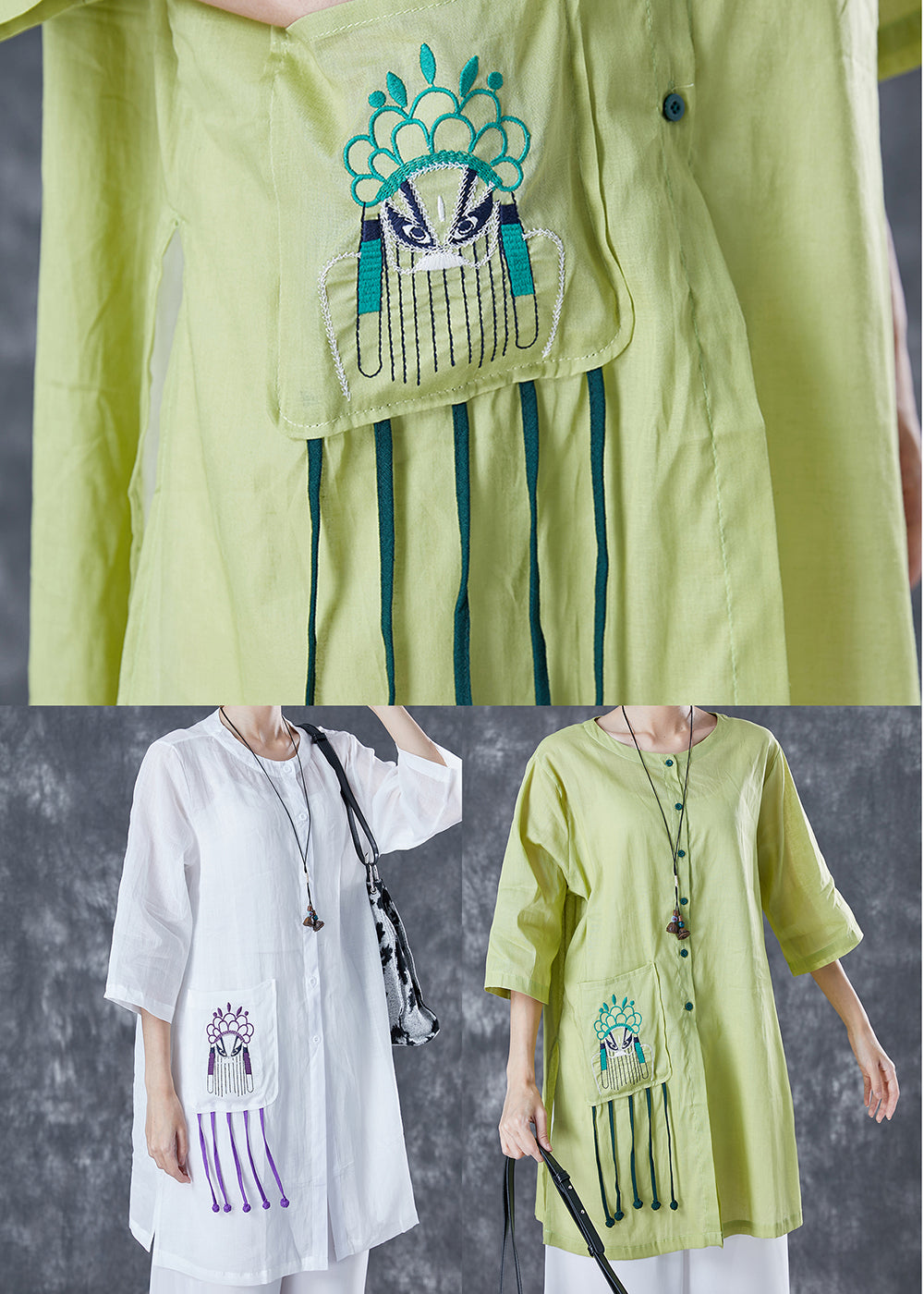 White Oversized Linen Shirts Embroideried Pocket Half Sleeve LY5061 - fabuloryshop