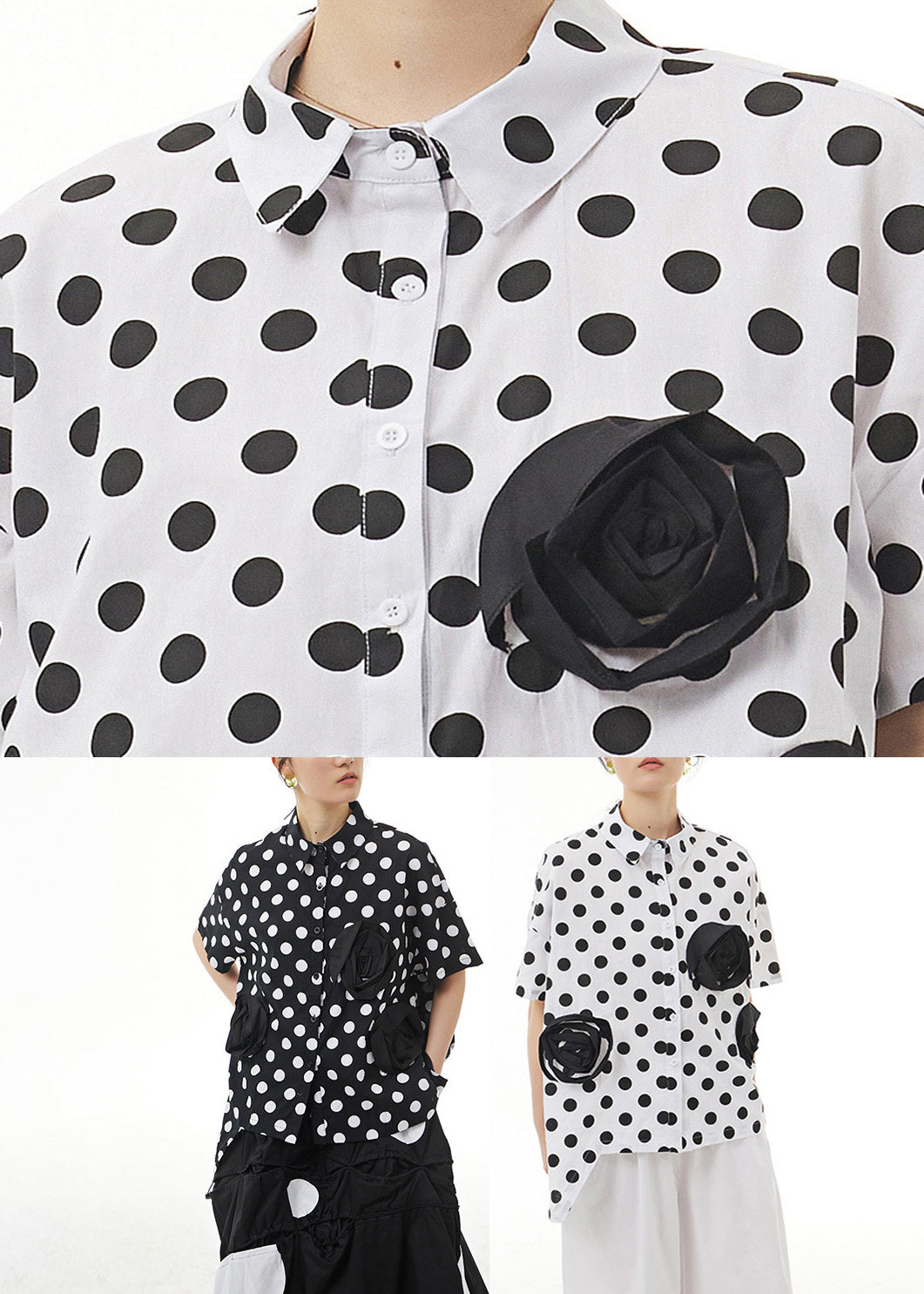 White Patchwork Floral Button Cotton Top Short Sleeve LY1193 - fabuloryshop