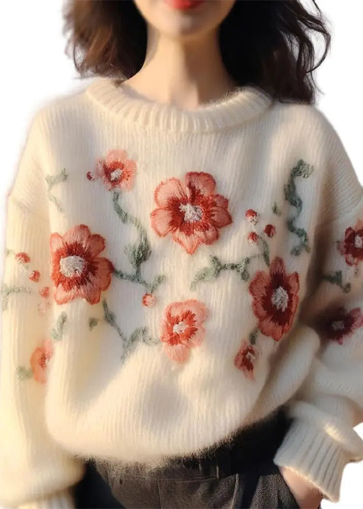 Women Apricot Embroideried Cozy Cotton Knit Sweater Winter Ada Fashion