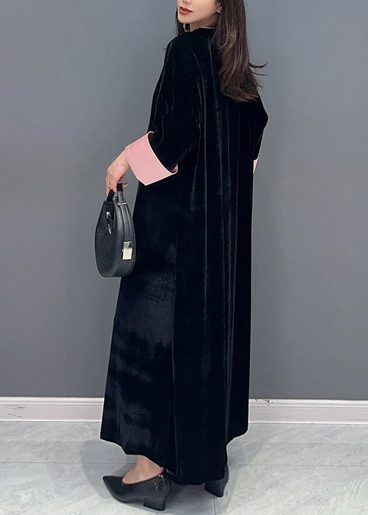Women Black Lace Up Side Open Patchwork Velour Long Dress Fall Ada Fashion
