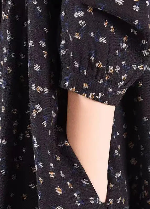 Women Black Print Pockets Wrinkled Patchwork Cotton Long Dresses Fall Ada Fashion