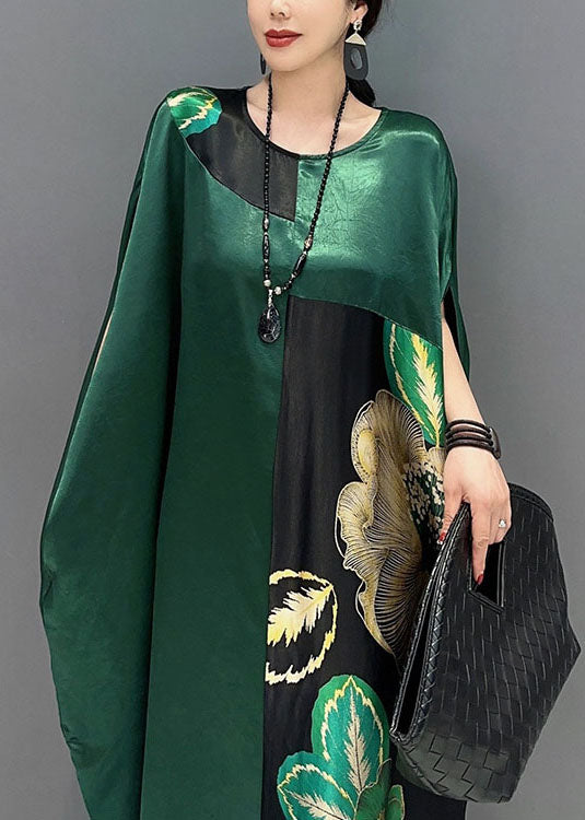 Women Blackish Green Oversized Patchwork Print Silk Dress Batwing Sleeve LY1571 - fabuloryshop
