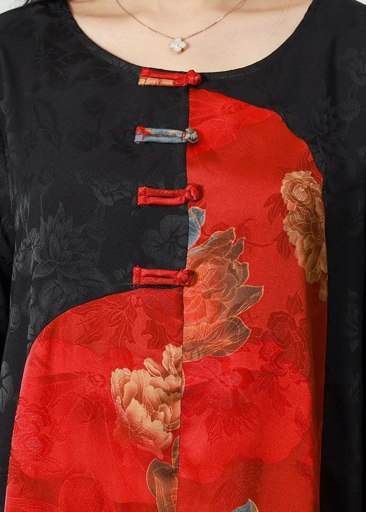 Women Colorblock O-Neck Patchwork Chinese Button Jacquard Silk Long Dress Spring LY3756 - fabuloryshop