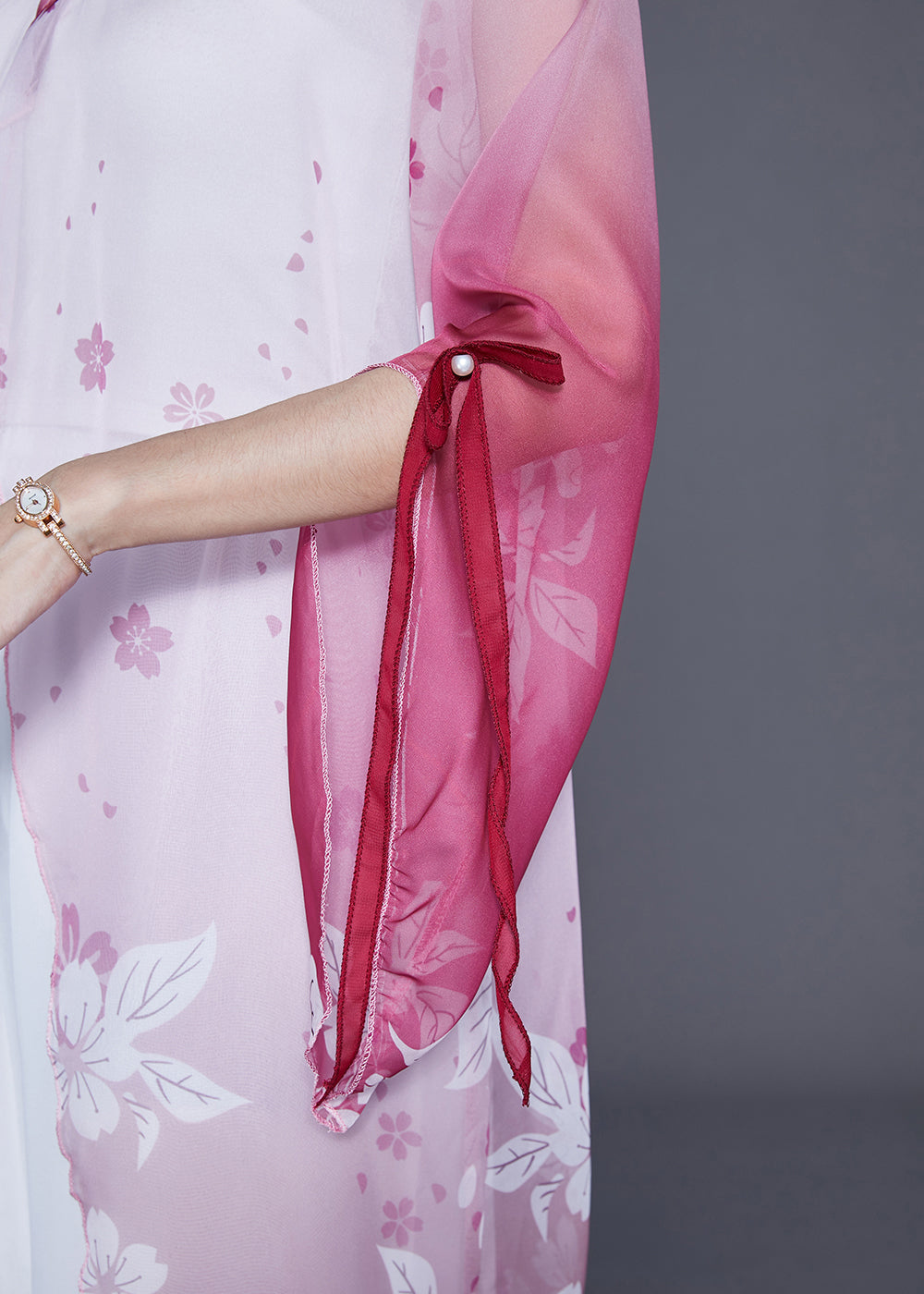 Women Gradient Color Chinese Button Print Chiffon Long Cardigan Flare Sleeve LY3652 - fabuloryshop