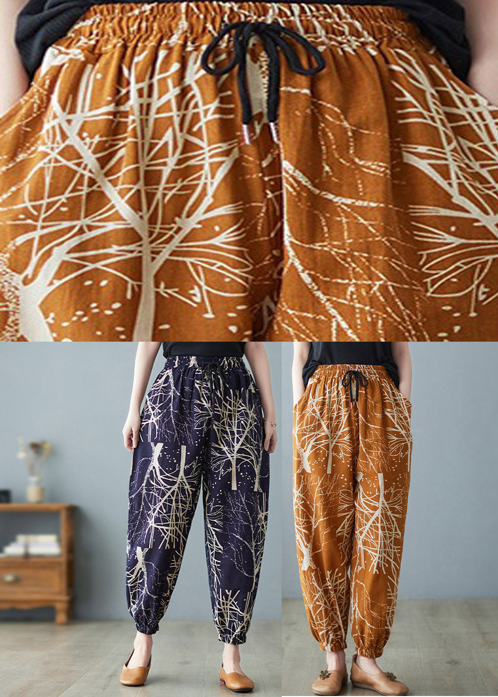 Women Navy Elastic Waist Print Harem Pants Summer LY4483 - fabuloryshop