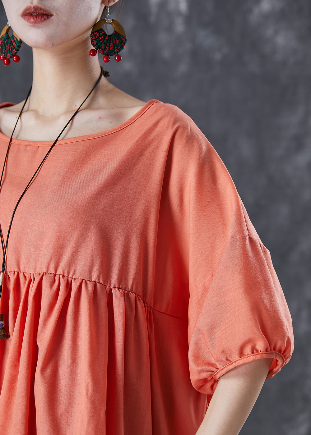 Women Orange Oversized Patchwork Linen Dress Puff Sleeve LY7094 - fabuloryshop