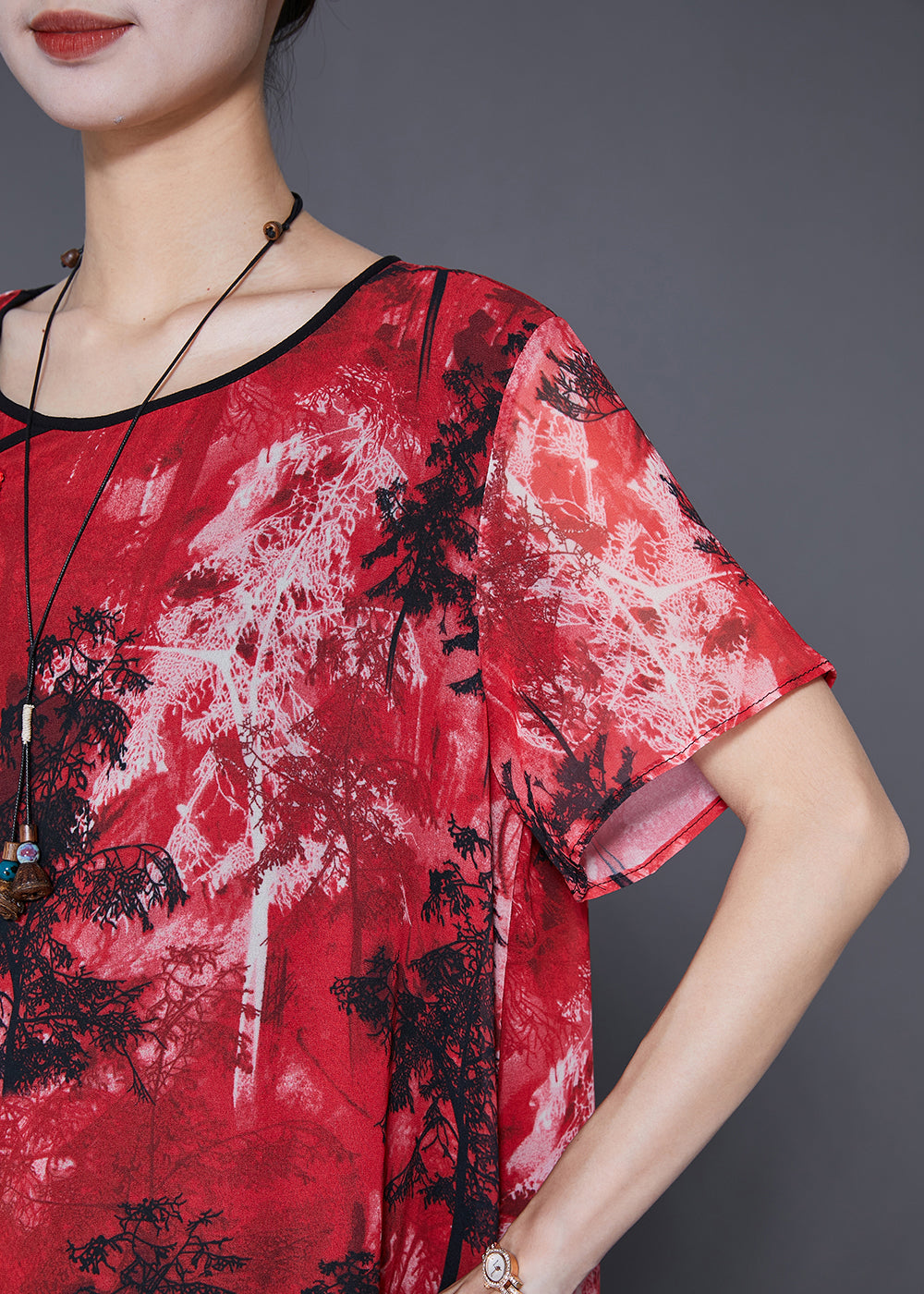 Robe de vacances en mousseline de soie à imprimé rouge pour femme, boutons chinois, été LY7700
