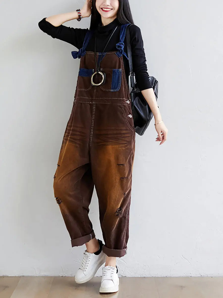 Women Retro Colorblock Autumn Denim Jumpsuits Ada Fashion