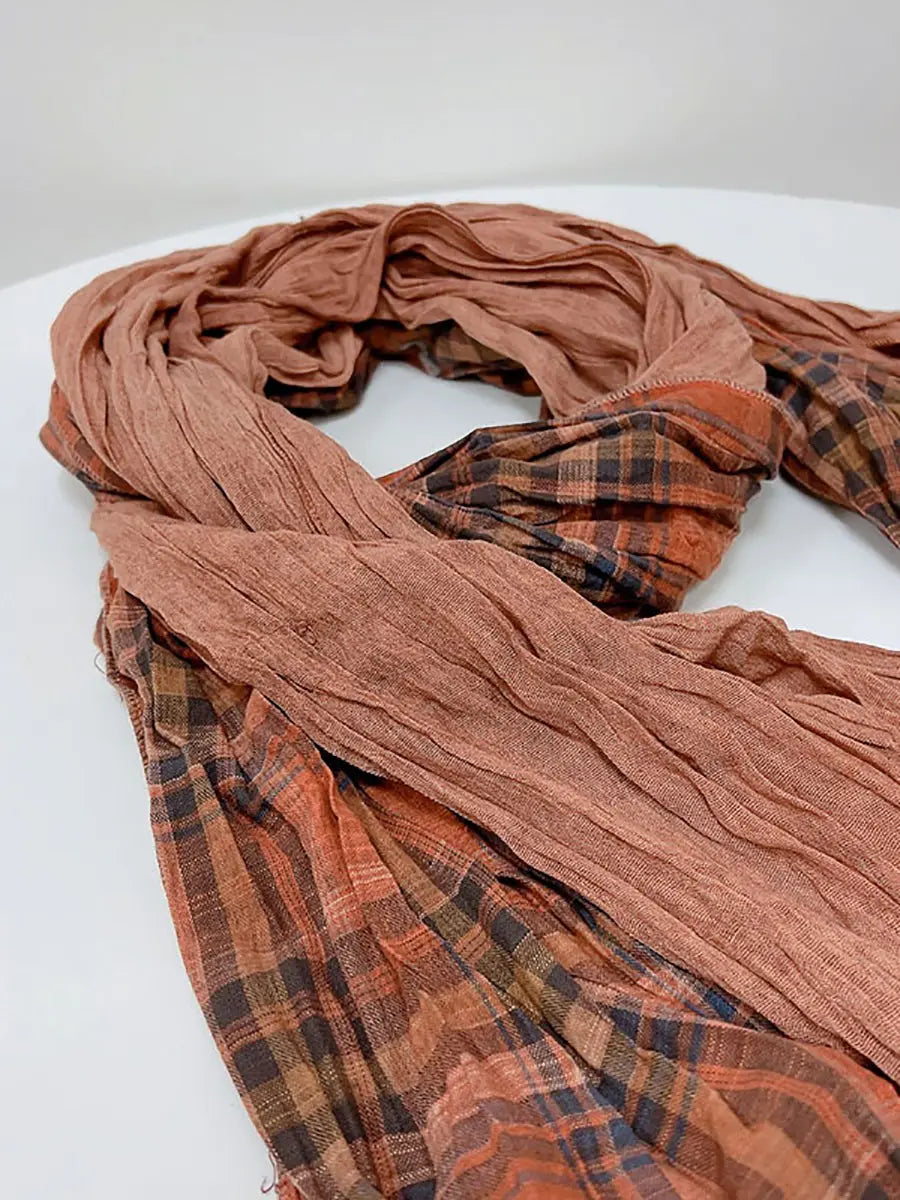 Women Vintage Plaid Spliced Cotton Scarf Ada Fashion