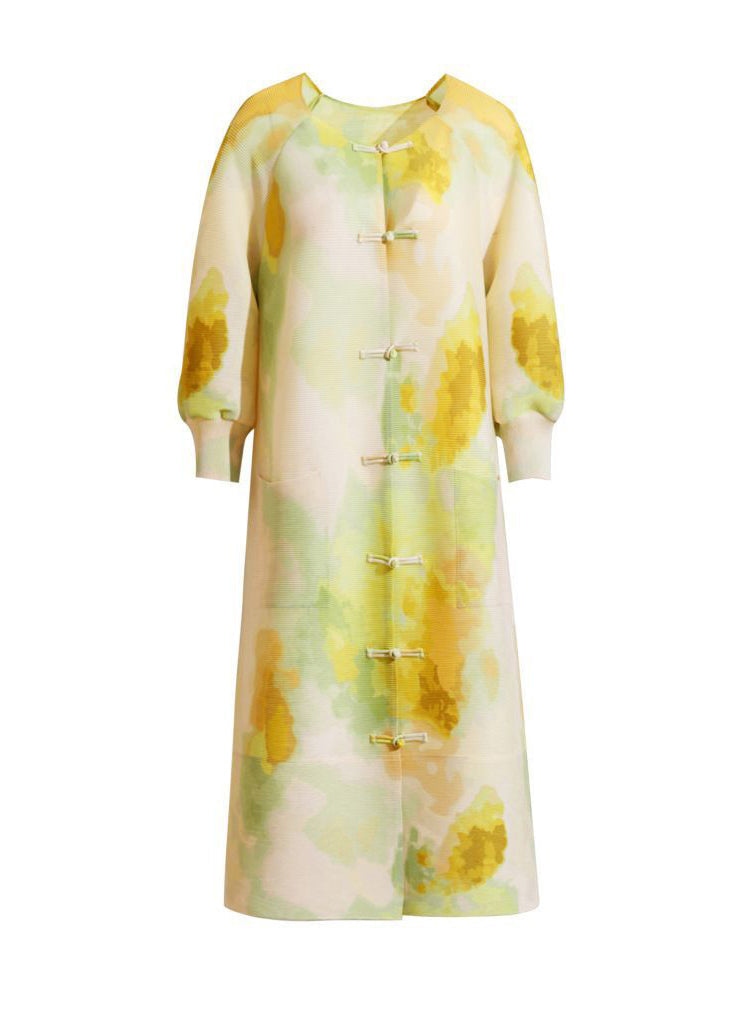 Yellow Print Long Dresses Chinese Button Side Open Summer LY2745 - fabuloryshop