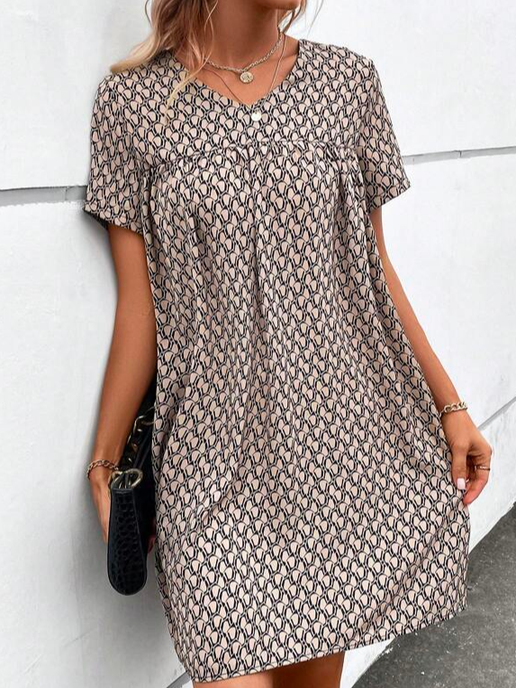 Geometric Elegant Cotton V Neck Allover Print V Neck Smock Dress WC115 - fabuloryshop