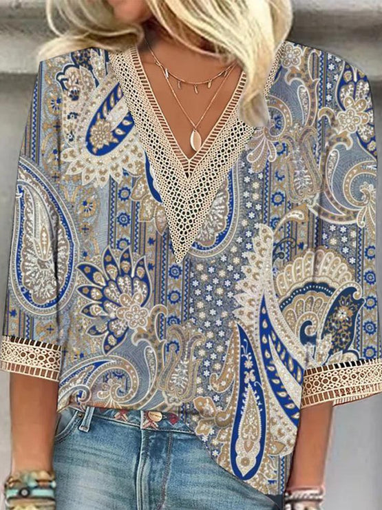 Ethnic Lace V Neck Shirt mm268 - fabuloryshop