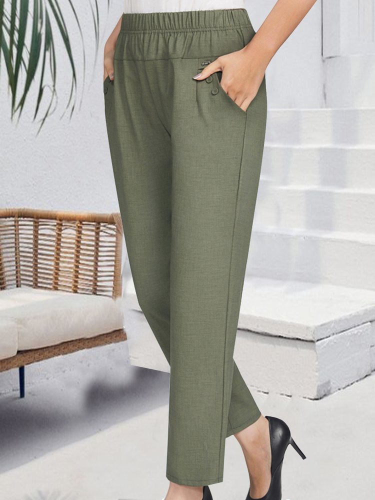 Elastic waist pocket button loose pants WD109 - fabuloryshop