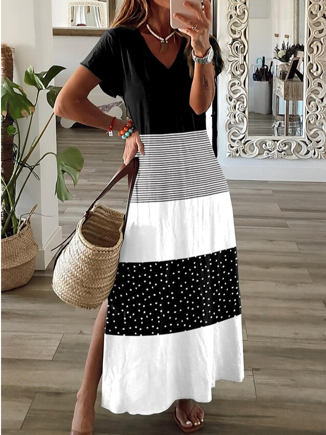 Casual V Neck Geometric Loose Dress With No Belt WC119 - fabuloryshop
