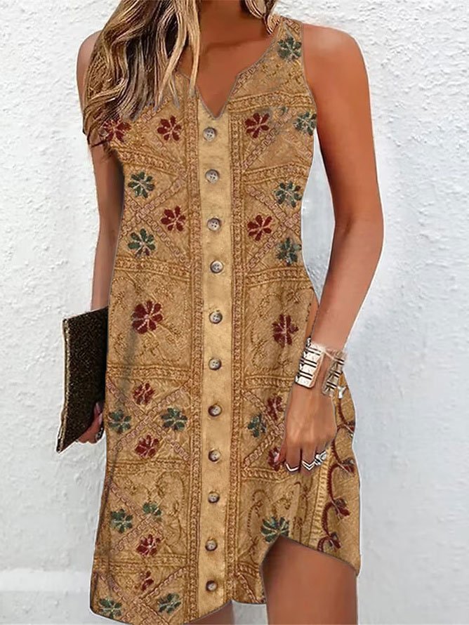 Loose Ethnic Vintage V Neck Dress QM62 - fabuloryshop