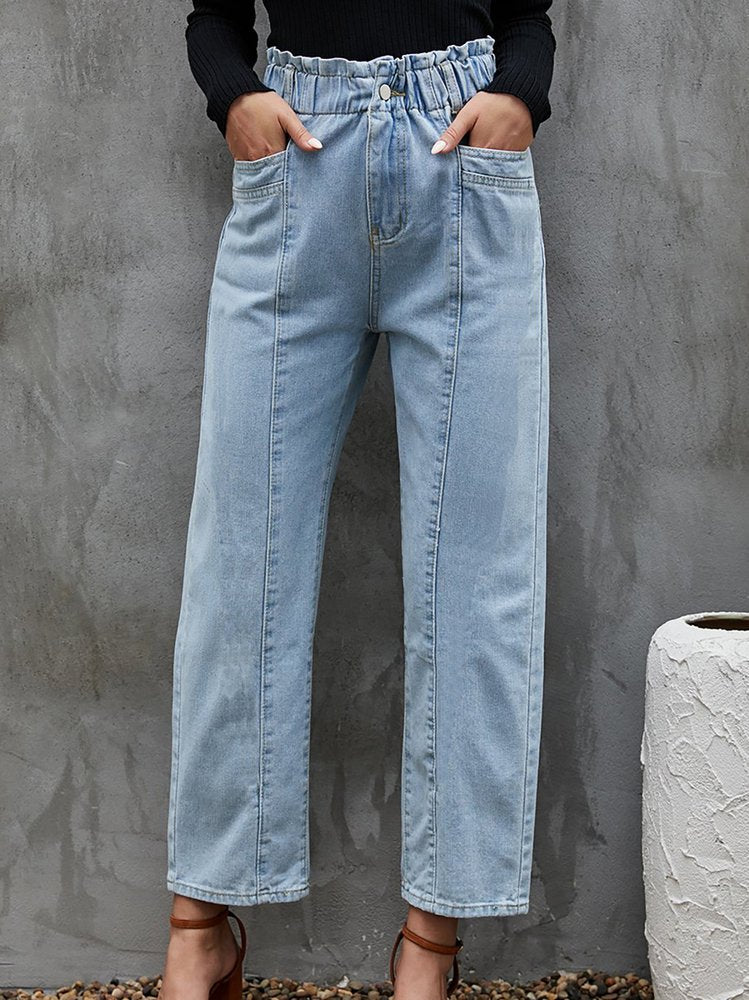 Blue Solid Casual Elastic Waist Straight Leg Jeans QS61 - fabuloryshop