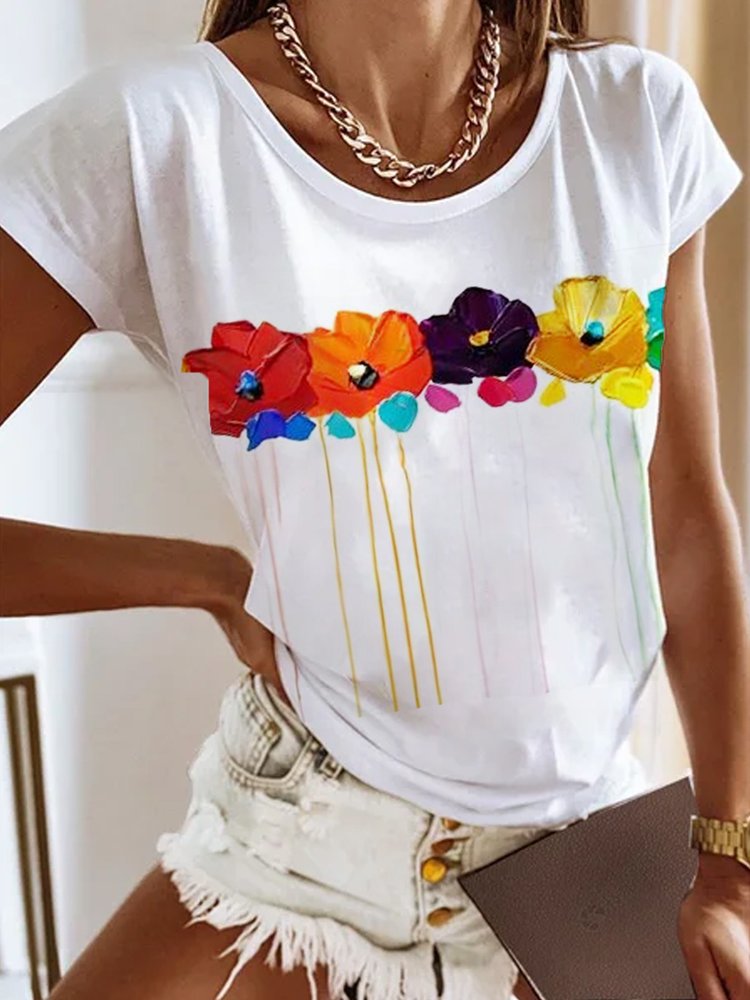 Floral Crew Neck Casual Jersey T-Shirt QX69 - fabuloryshop