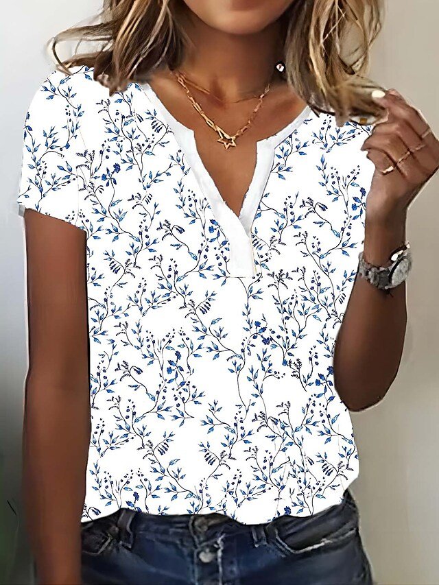 V Neck Loose Floral Casual T-Shirt cc199 - fabuloryshop