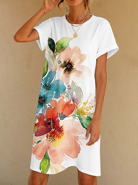 Crew Neck Floral Printed Casual Simple Midi Dresses WJ97 - fabuloryshop