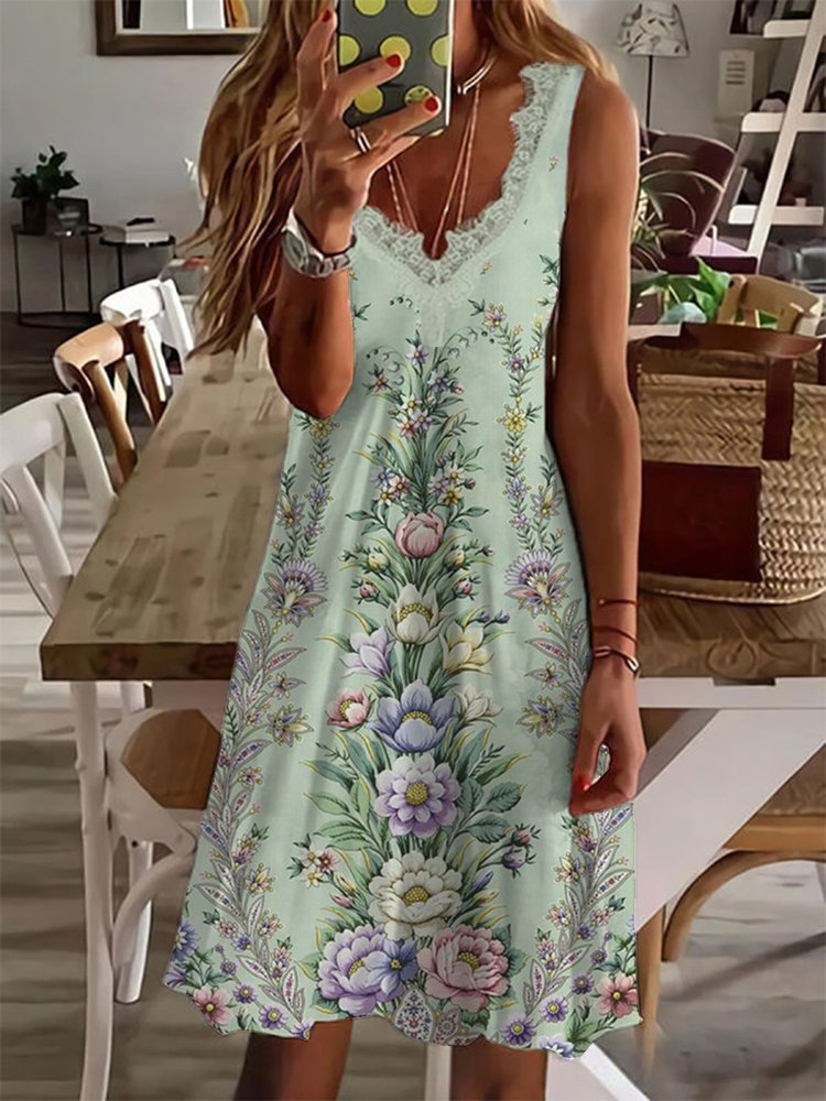 V Neck Floral Vacation Midi Prom Dress WO61 - fabuloryshop