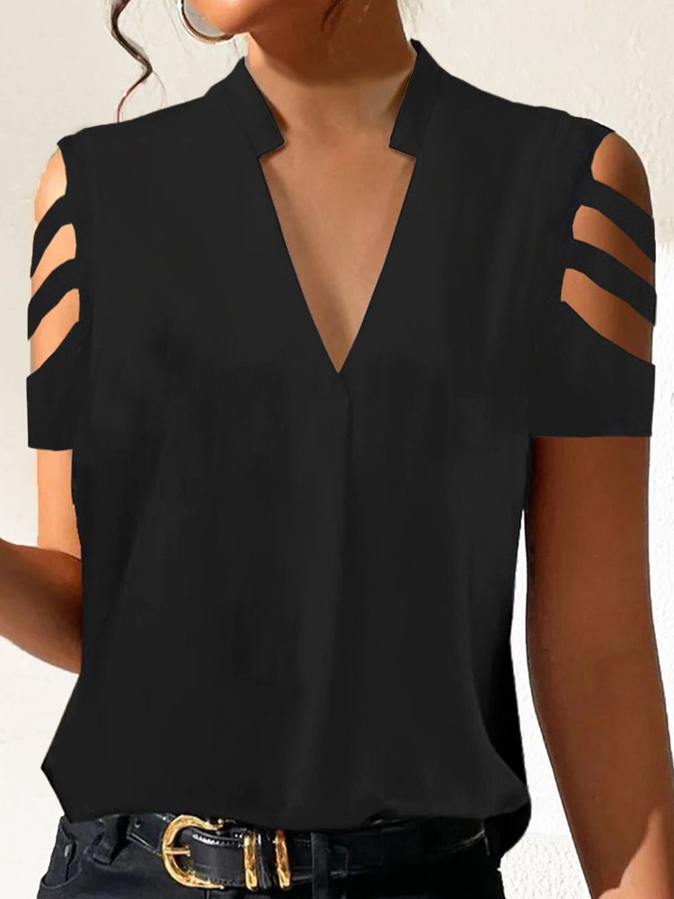 Hollow Out Loose Casual V Neck Shirt QH72 - fabuloryshop