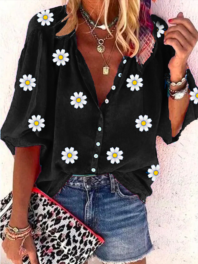 Casual Daisy Loose V neck Three Quarter Sleeve Blouse WG64 - fabuloryshop