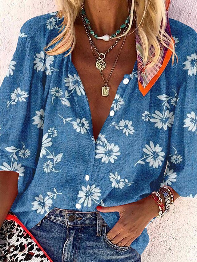 Floral Stand Collar Cotton Casual Blouse QV117 - fabuloryshop