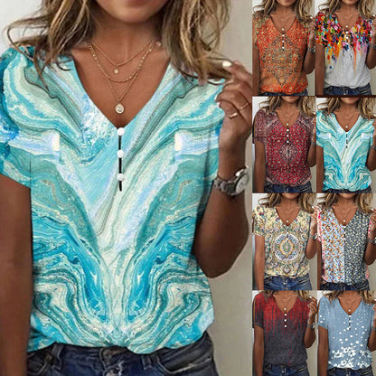 Paisley Loose Casual V Neck T-Shirt  WI85