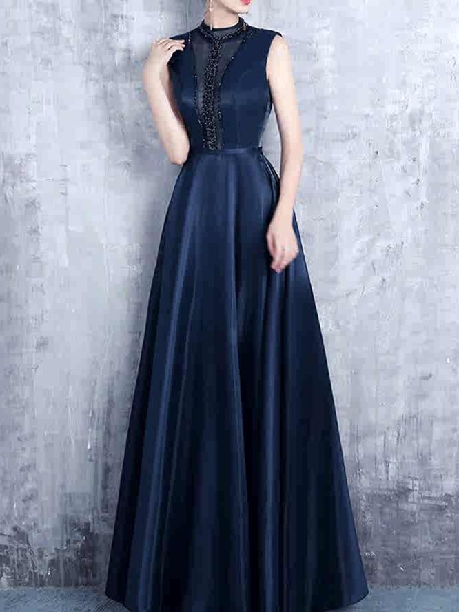 Blue Patchwork Silk Top And Cummerbund Maxi Skirts Sleeveless ML1581