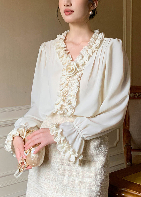 Apricot Art Shirt Petal Chiffon Solid Sleeve Ruffled