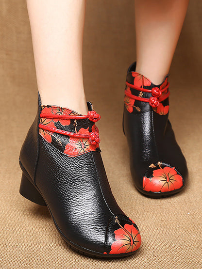 Women Retro Genuine Leather Flower Spliced Chunky Heel Boots AI1010