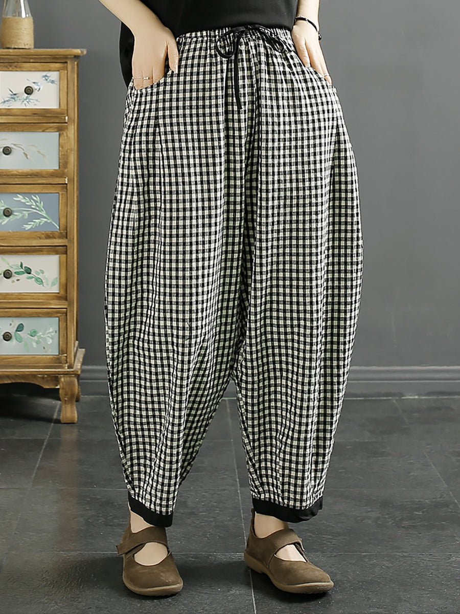 Women Vintage Plaid Summer Cotton Harem Pants QW1044