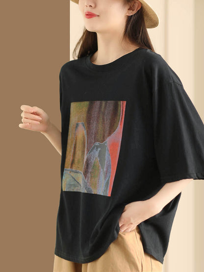 Women Summer Casual Print O-Neck Loose Shirt HH042