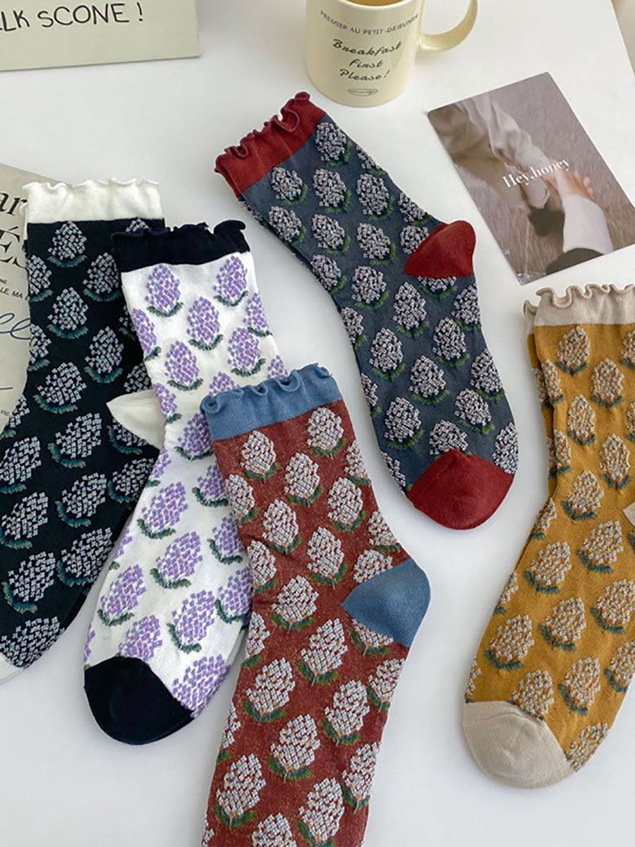 Lot de 5 paires de chaussettes en coton à imprimé floral artistique pour femme AV1043