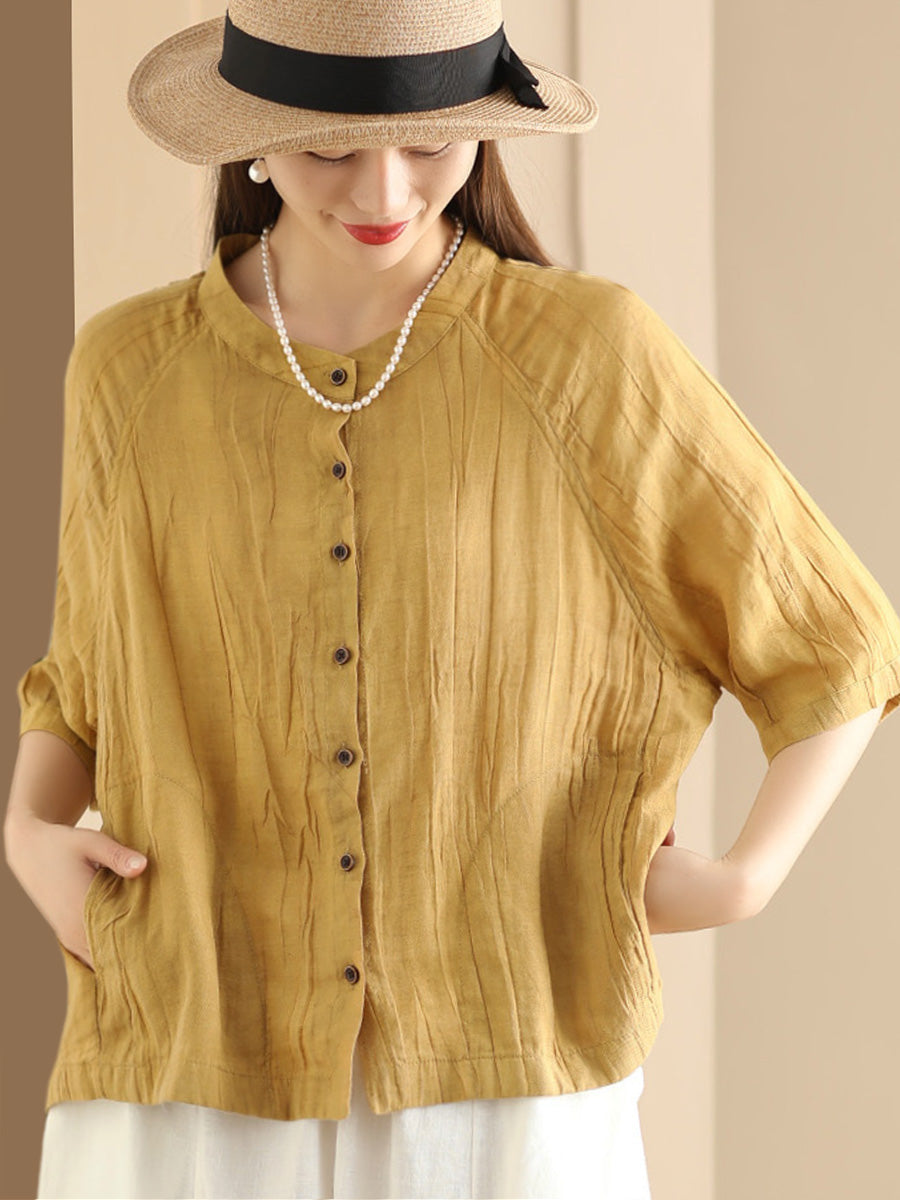 Women Summer Retro Solid Linen Button-up Shirt XX1012