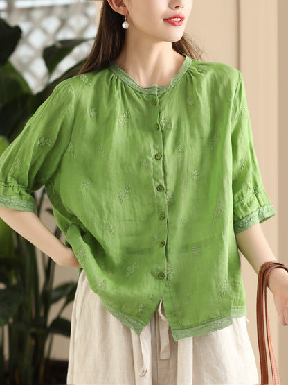 Women Summer Vintage Embroidery Button-up Ramie Shirt CX007