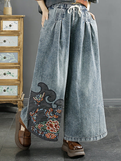 Women Summer Vintage Embroidery Denim Wide-leg Pants AA1039