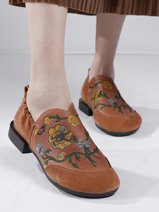 Women Ethnic Autumn Embroidery Leather Low Heel Shoes AI1020