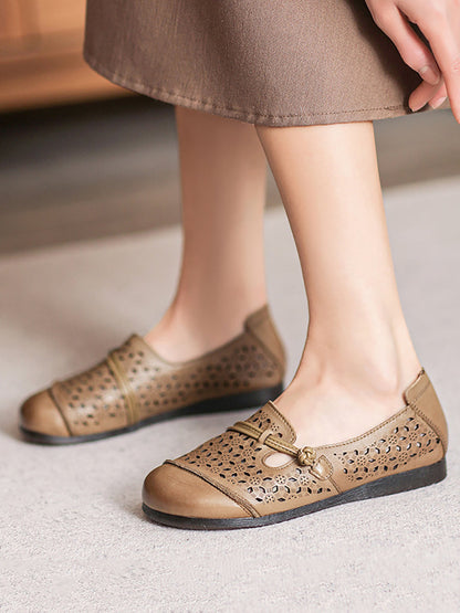 Women Summer Vintage Leather Cutout Soft Flat Shoes ZZ1002